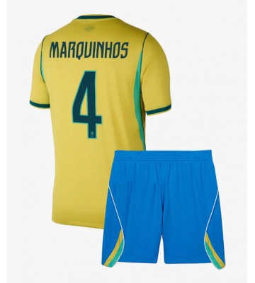 Brasilien Marquinhos #4 Hjemmebanetrøje Børn VM 2026 Kortærmet (+ Korte bukser)